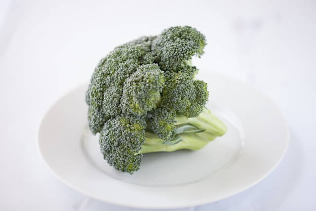 Een broccoli stronk op een wit bord.